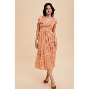 BOUTIQUE BOHO Peach Floral Ruffle Flutter Sleeve Tiered Midi SUMMER Dress Size M